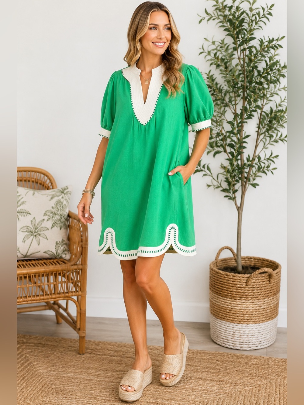 Umgee Green Linen Blend Puff Sleeve Dress M Contrast Trim NWT